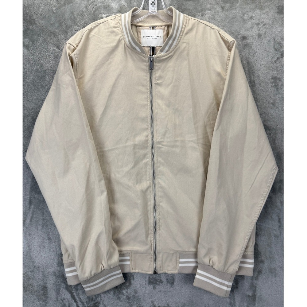 Denim & Flower Ricky Singh Mens XL Tan Beige Striped Ribbed Zip Bomber Jacket